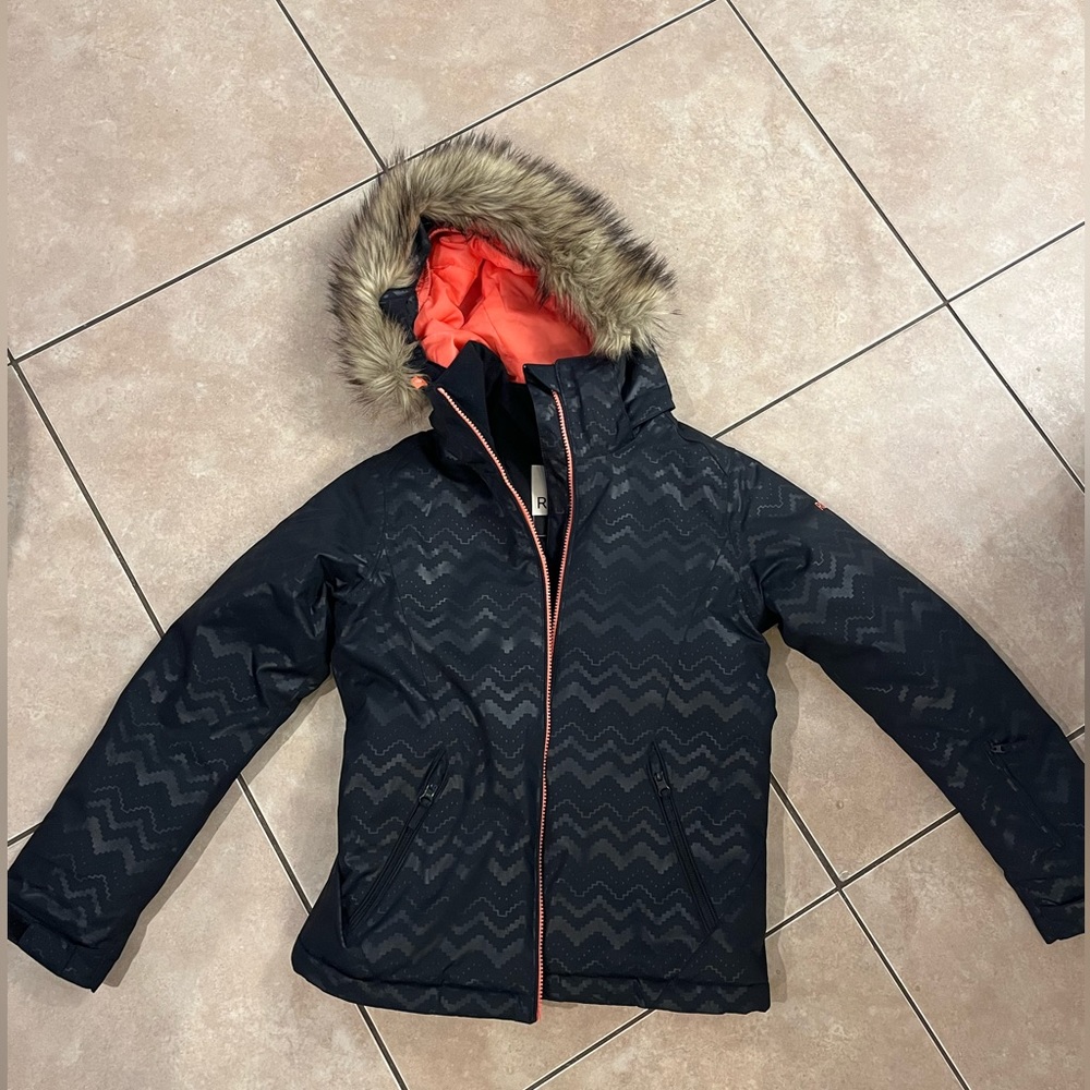 Roxy Kids Jacket with Fur Hood - Black and Orange